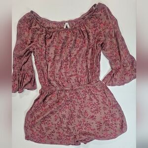 Mudd Womens Romper‎ Size Medium Red Floral Flutter Bell Sleeve Boho Cottagecore